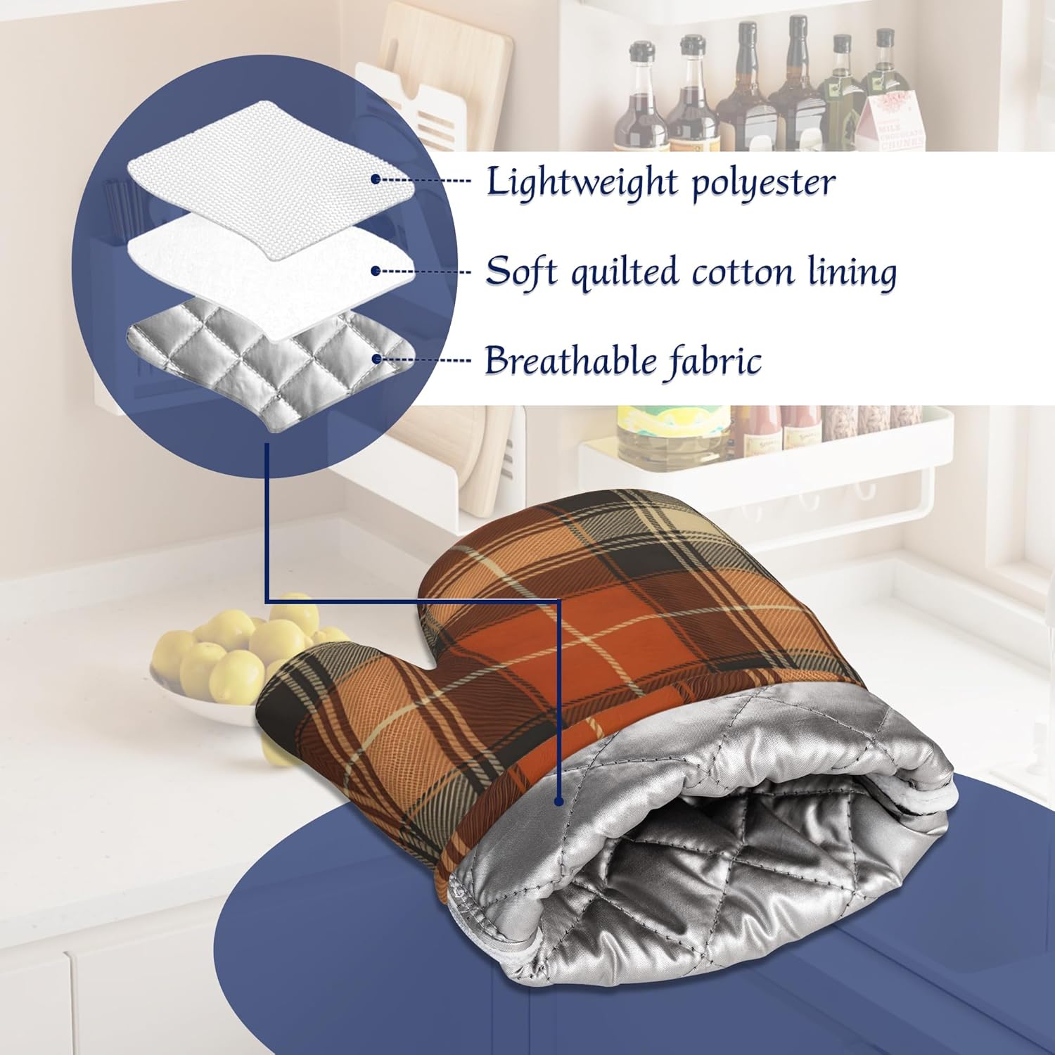 Brown Buffalo Plaid Oven Mitts and Pot Holders Retro Check Silicone Kitchen Accessories Set of 4 Heat Resistant Non-Slip Long Gloves Potholder for Chef Cooking Baking Gifts Women Men