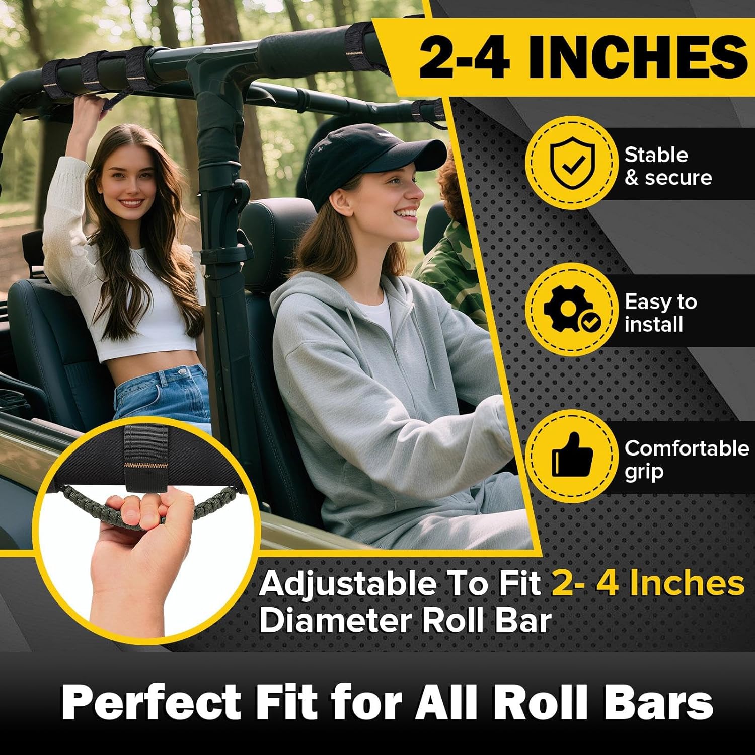 moveland 2 Pack Grab Handle Set Compatible with Jeep Wrangler TJ YJ JK, Easy-to-Fit 3 Straps Design for 1955-2023 Models (Black)