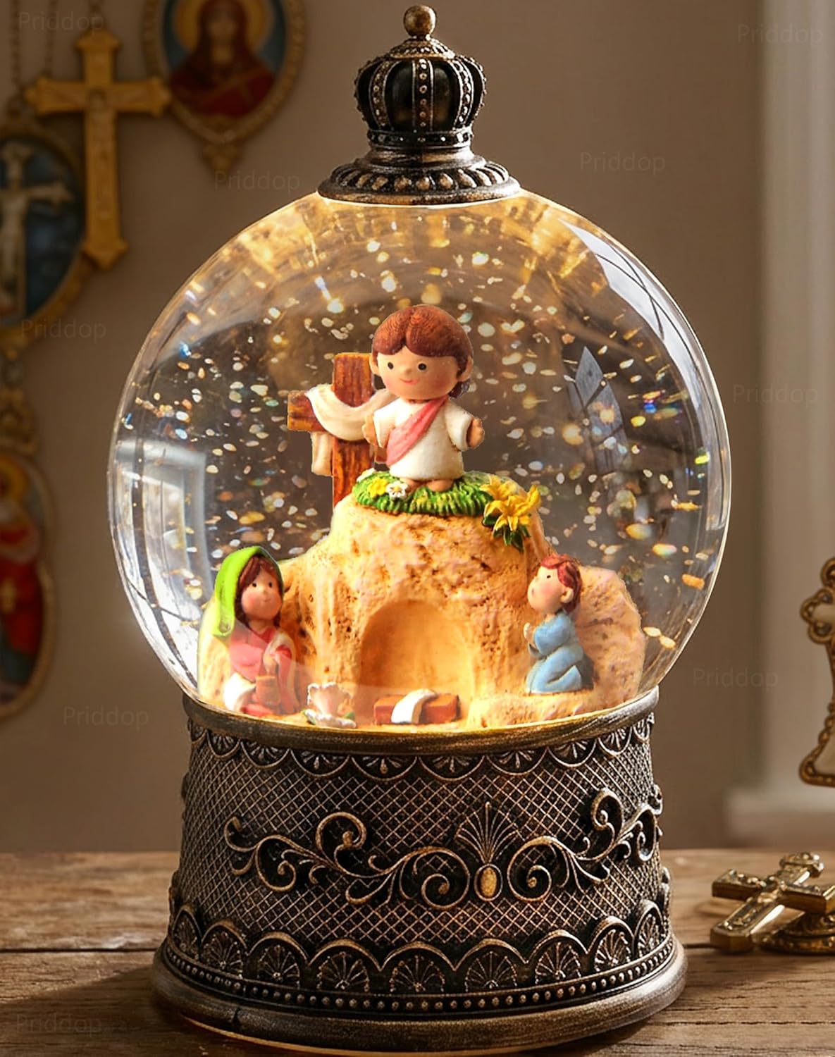 Easter Bunny Snow Globe Basket Egg Easter Decorations for Home Rabbit Sheep Chick Flower Butterfly Tabletop Glitter Snowfall USB/Battery Timer 9.5 inch