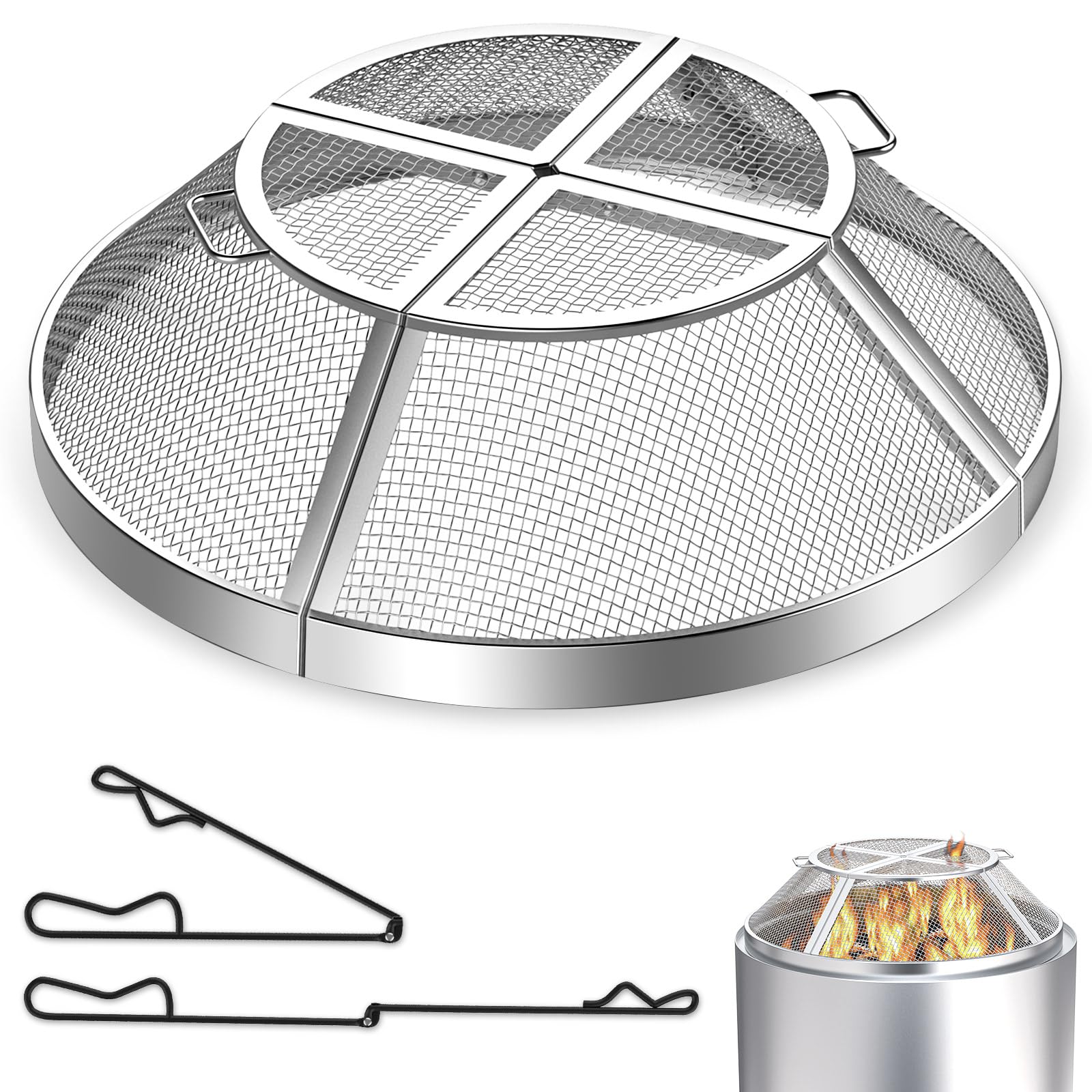 TUSGENK Stainless Steel Fire Pit Spark Screen for Solo Ranger Shield 15Inch Fire Pit, Keeps Pops and Hot Embers Contained for Safe Outdoor Fires, Includes 2 Fire Pit Sticks