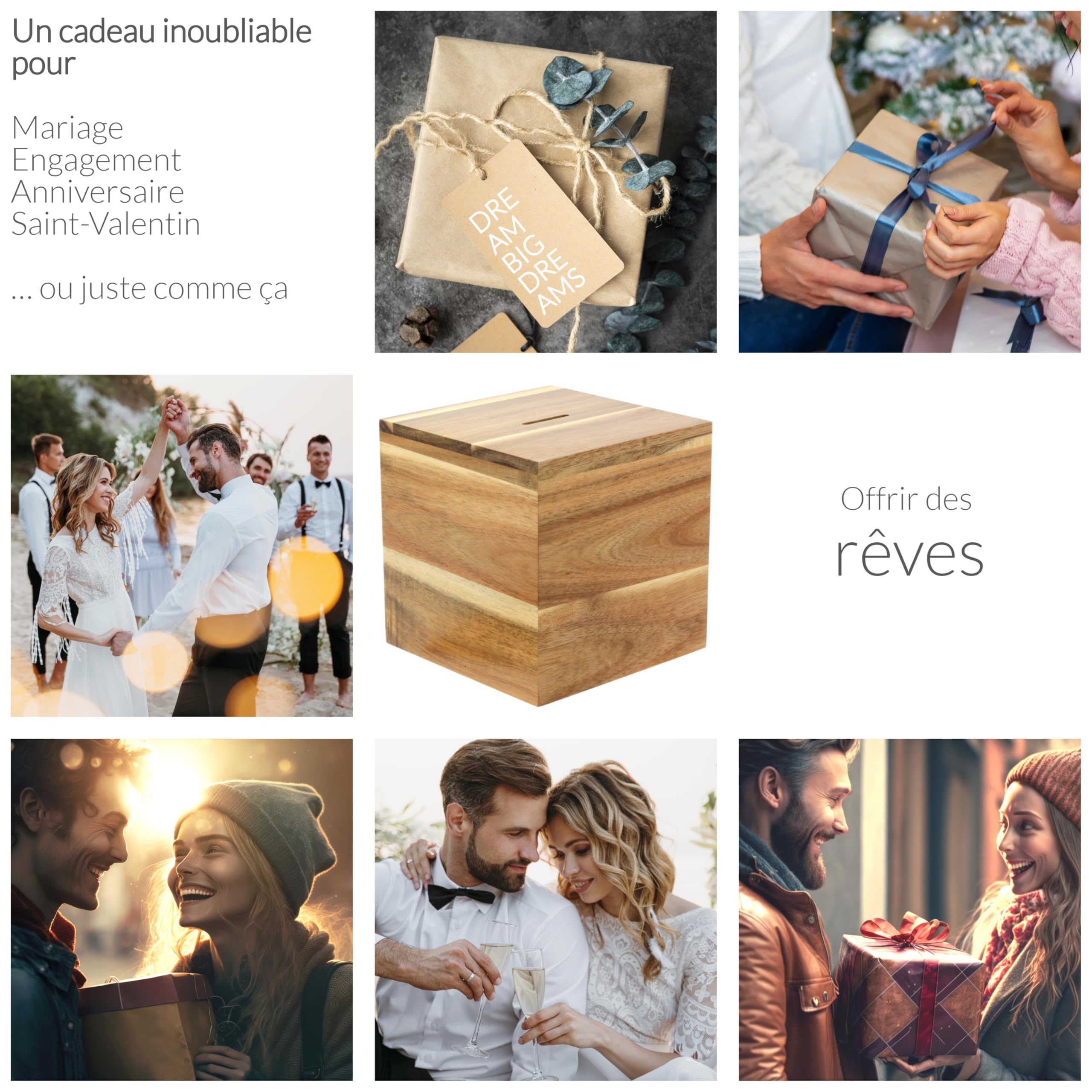 BIG Dreams Box - Tirelire en Bois Élégante & Défi d'Épargne - Cadeau pour Couple, Mariage, Fiançailles | pour Économiser pour Les Vacances ou Les Voyages | Boîte de Pourboires et de Dons
