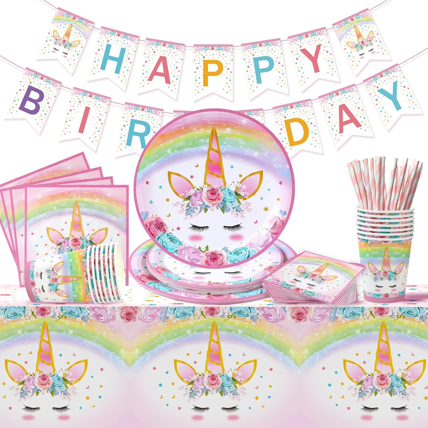 Unicorn Birthday Decorations for Girls - 82 Pcs Rainbow Unicorn Party Supplies include Disposable Tableware, Tablecloths and Banners, Pink Floral Birthday Party Decor Serves 16 - Image 7