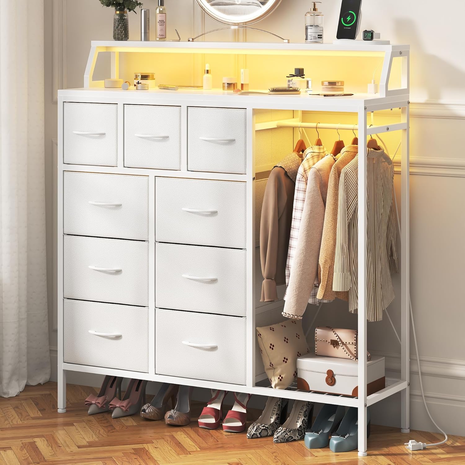 Amazon.com: AFLUI Dresser with Hanging Rack & Shelves, 9 Fabric Drawers ...