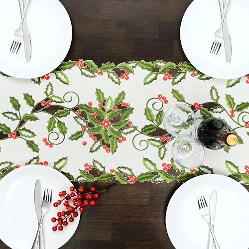 Miniatura 5 de Camino de mesa bordado de hojas de acebo y bayas para vacaciones de Navidad (14 x 70 pulgadas)