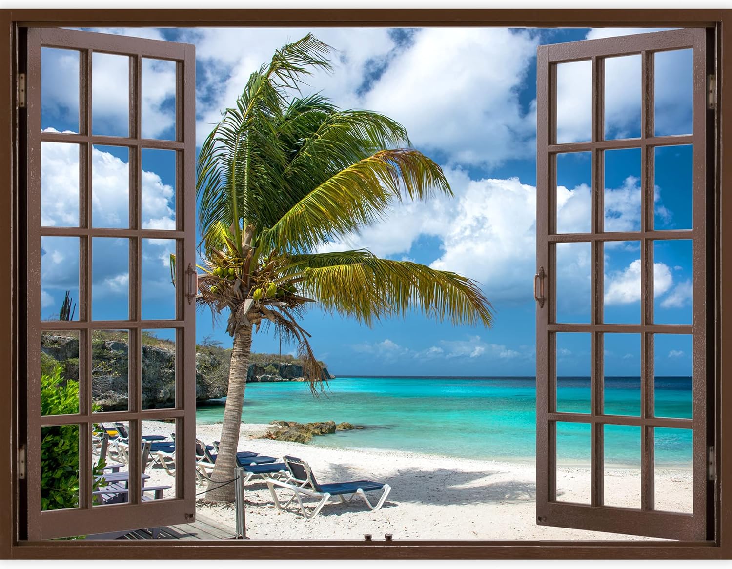 IDEA4WALL Wall Murals for Bedroom Fake Window Beach Brown Window Removable Wallpaper Peel and Stick Wall Stickers - 36x48 inches