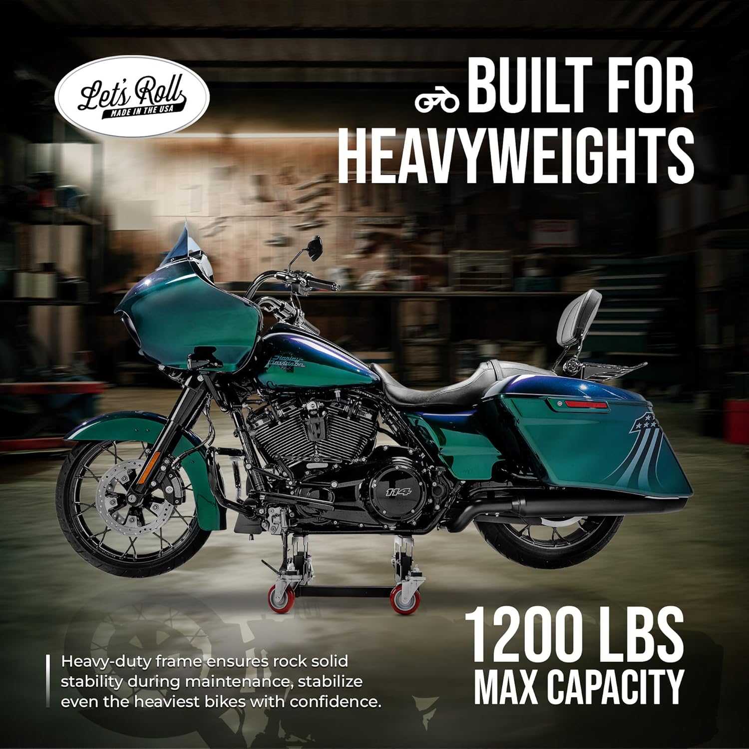 Let's Roll Cruiser Motorcycle Stand - 1200 LB Motorcycle Dolly for Garage Storage, Heavy Duty Dolly Wheels, Stable Garage Wheel Dollies with Mobility for Maintenance - Made in The USA
