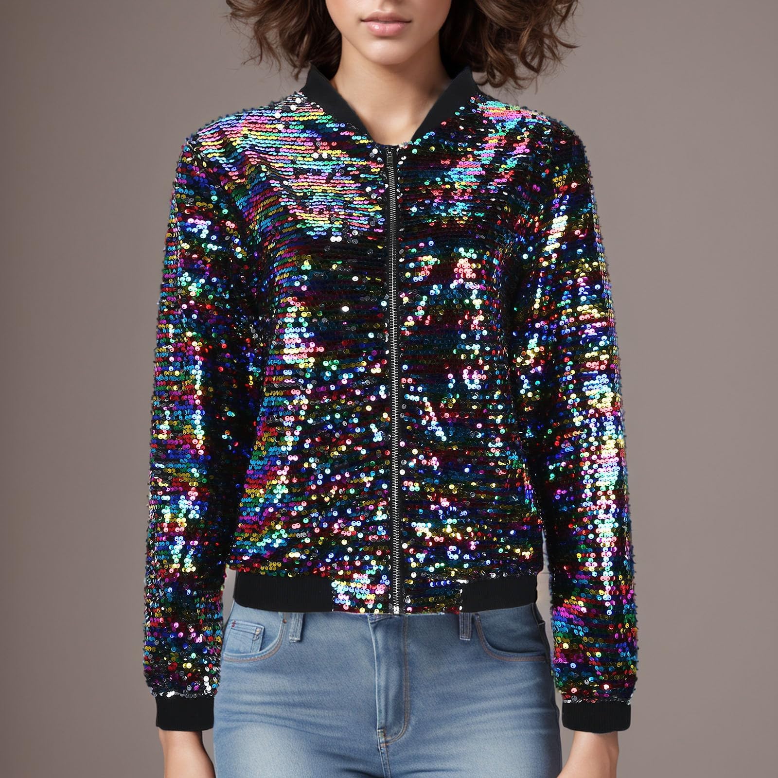 Pailletten Jacke Damen Bunt Glitzer Bomberjacke Glitzernde Jacken Langarm Glänzend Glitzer Bomber Jacke Kurzer Reißverschlussmantel Pailletten Blazer Rave Outfit Metallisches Festival Mantel Jacket