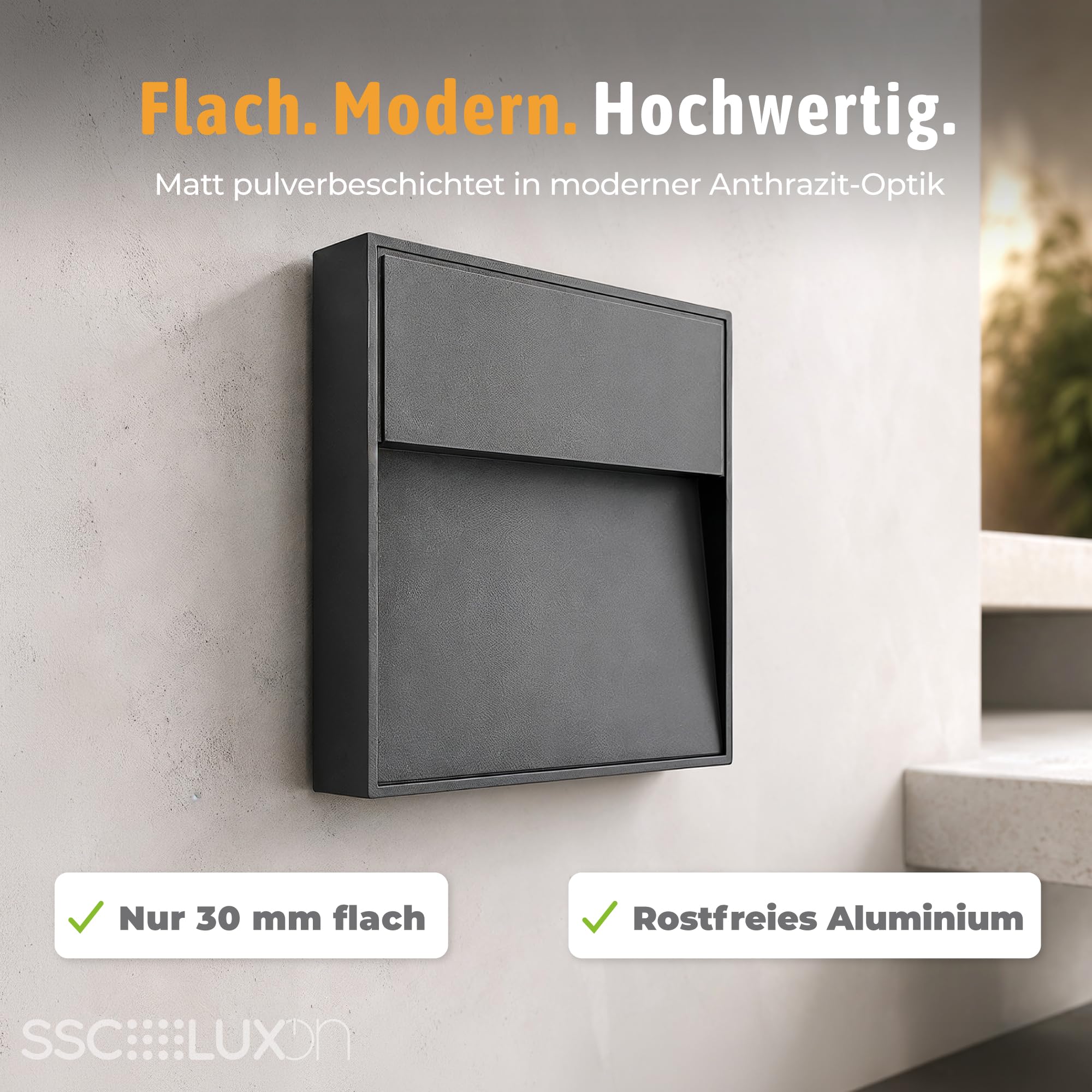 SSC-LUXon 3x ELEVA Treppenleuchte anthrazit eckig - Treppenstufenbeleuchtung IP54 warmweiß 4W - Wandlicht für Innen & Außen rostfrei