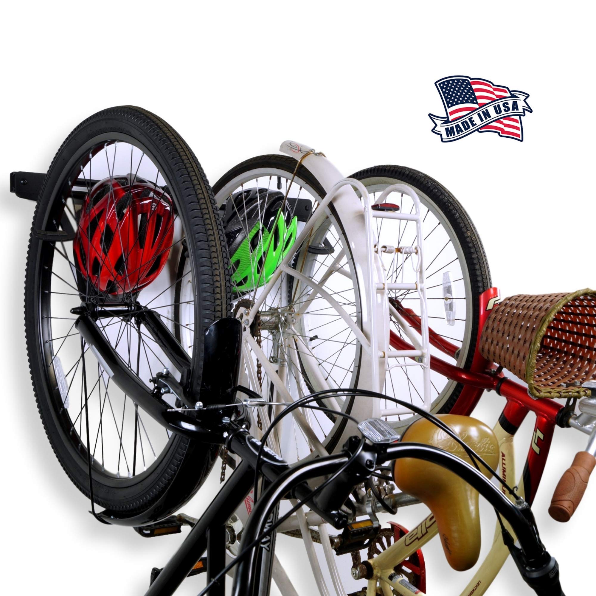KoovaWall Mount Bike Storage Rack Garage Hanger for 3 Bicycles + Helmets | Fits All Bikes Even Large Cruisers/Big Tire Mountain Bikes | Heavy Duty Powder Coated Steel | Made in USA (3 Bike Rack)