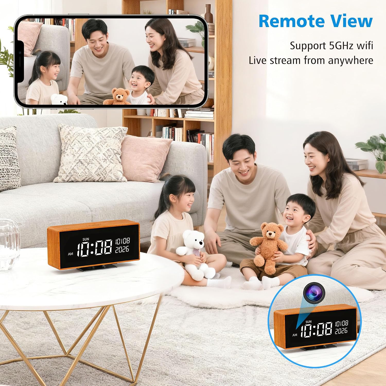 Clock Camera,1080P HD Camera,Nanny Cam, Local and Cloud Storage,Used for Home Indoor Security, with AI Motion Detection and Night Vision Functions.