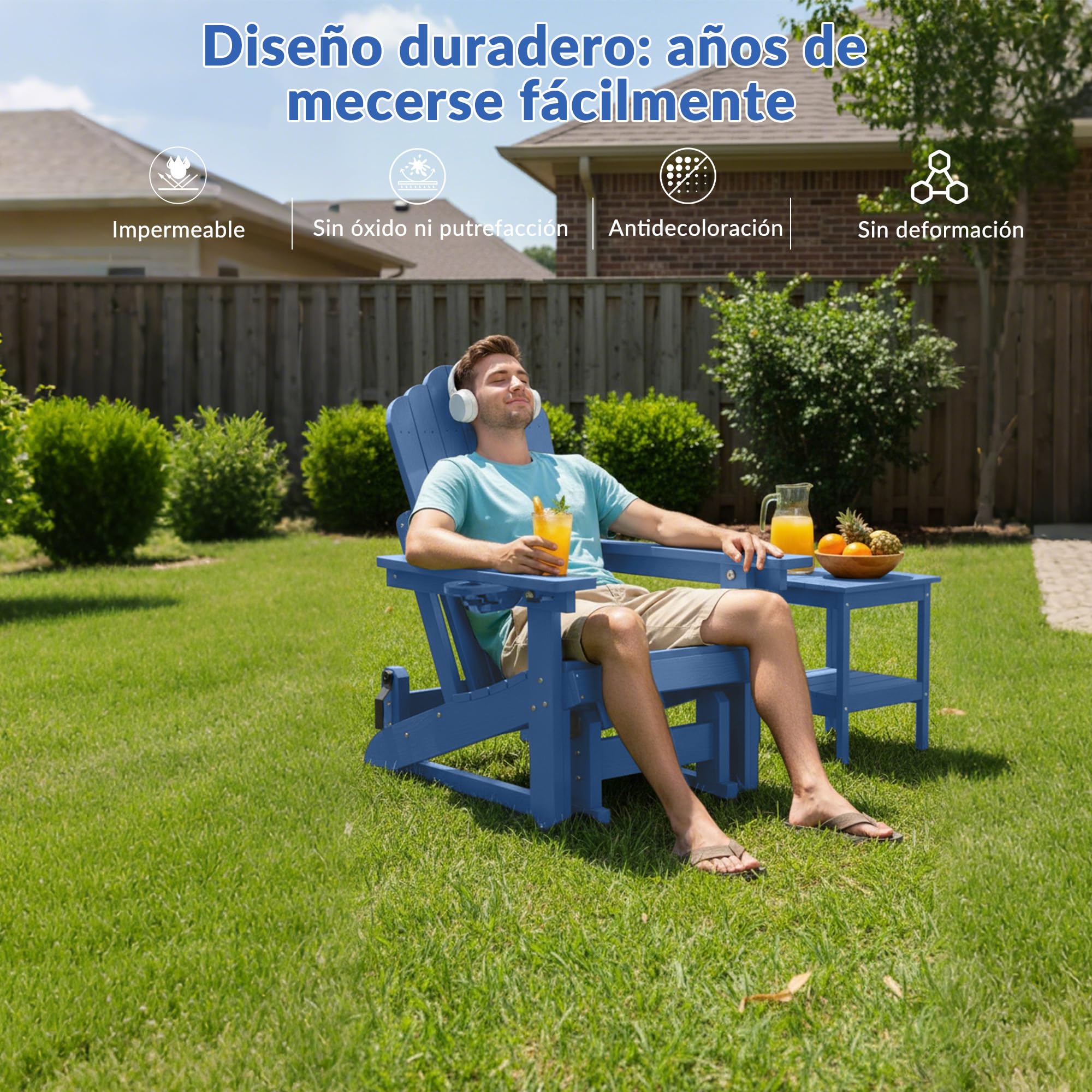 Silla Adirondack con Respaldo Ajustable, Mecedora de Patio con Efecto Madera y portavasos, Ideal para Exteriores, con Mecanismo de balanceo Suave y Capacidad de Peso de 200 kg.
