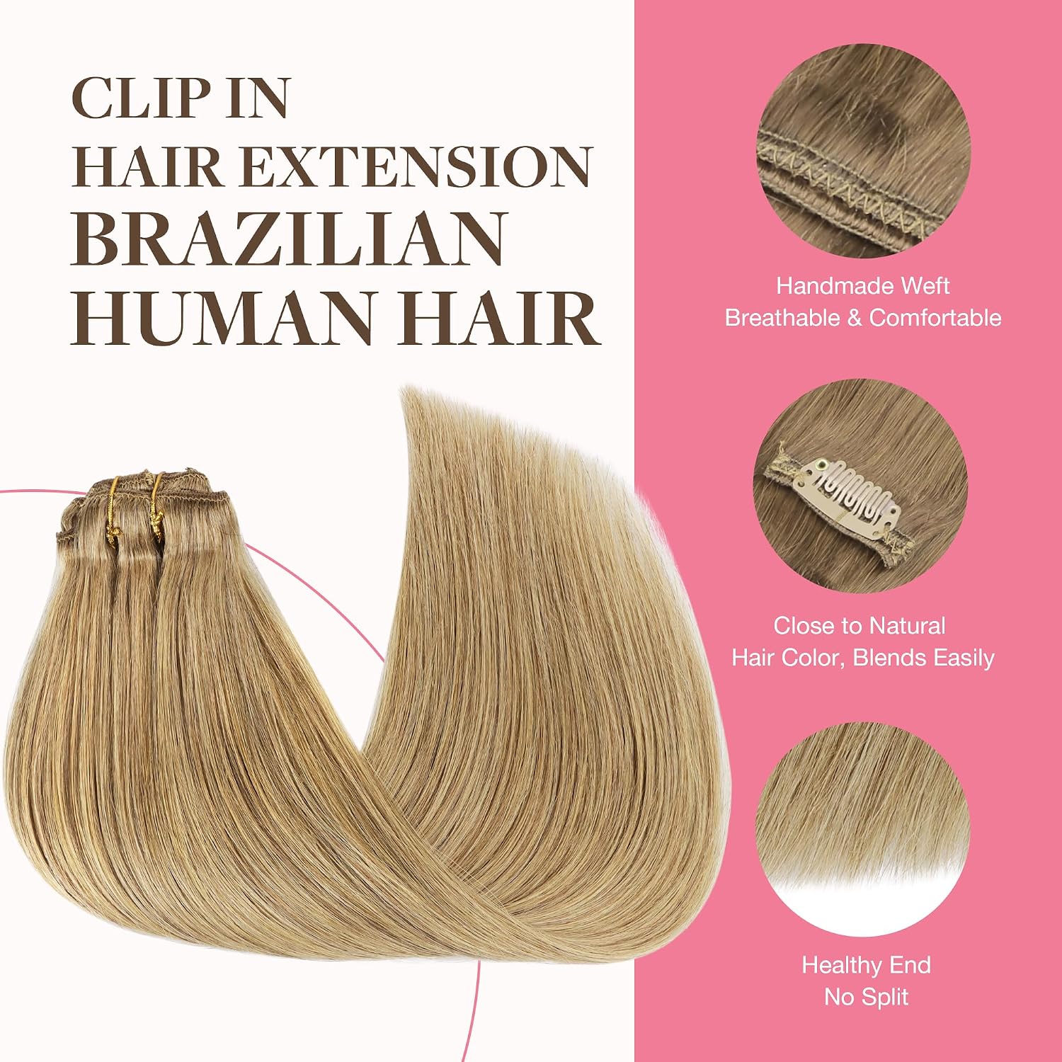 GOO GOO Clip in Hair Extensions Real Human Hair, Remy Human Hair Extensions Clip ins for Women, Natural Human Hair, 14inch 150g 9Pcs, 7 Bronde thumbnail