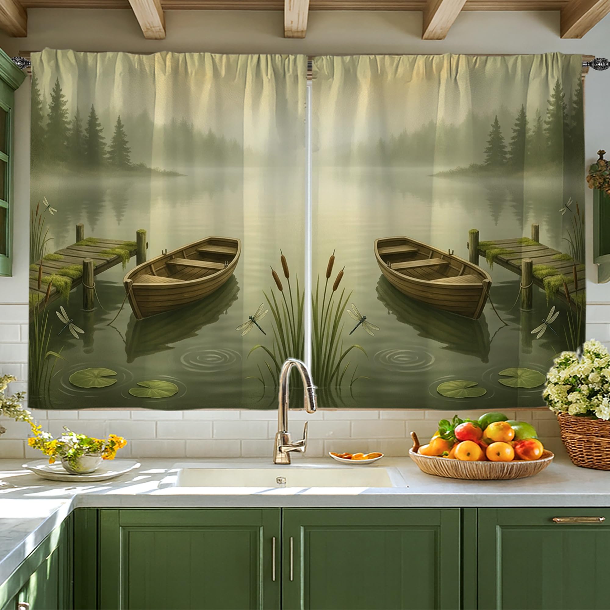 Rideaux de cuisine en toile naturelle verte pour évier chic