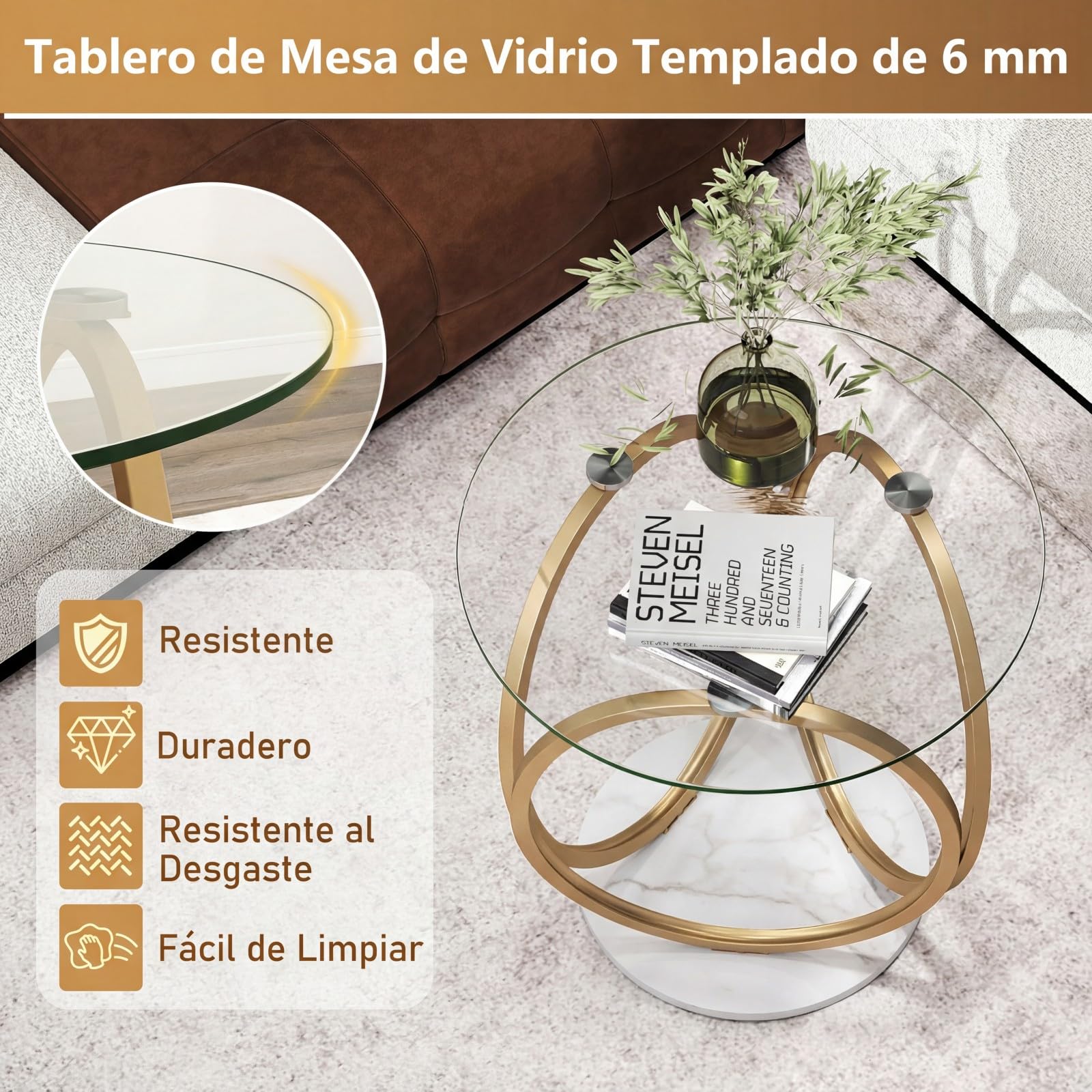 COSTWAY Mesa de Centro Redonda, Mesa Moderna de Vidrio Templado con Marco Geométrico de Anillo Metálico, Mesa Auxiliar para Salon, Oficina en Casa, Espacios Pequeños, 60 x 60 x 61,5 cm