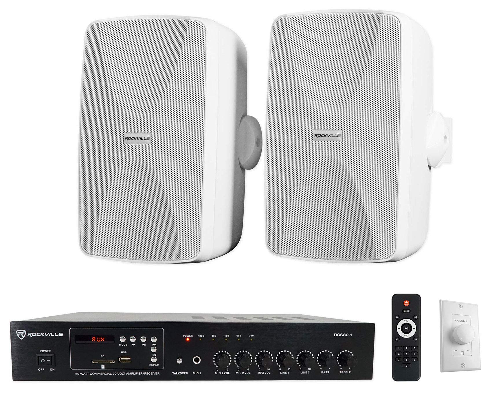 Rockville WET-7020W Bundle: Pair 5.25 in 70V Commercial Indoor/Outdoor Wall Speakers White, RCS80-1 60 Watt 70V Bluetooth Amplifier Receiver, VOL70100