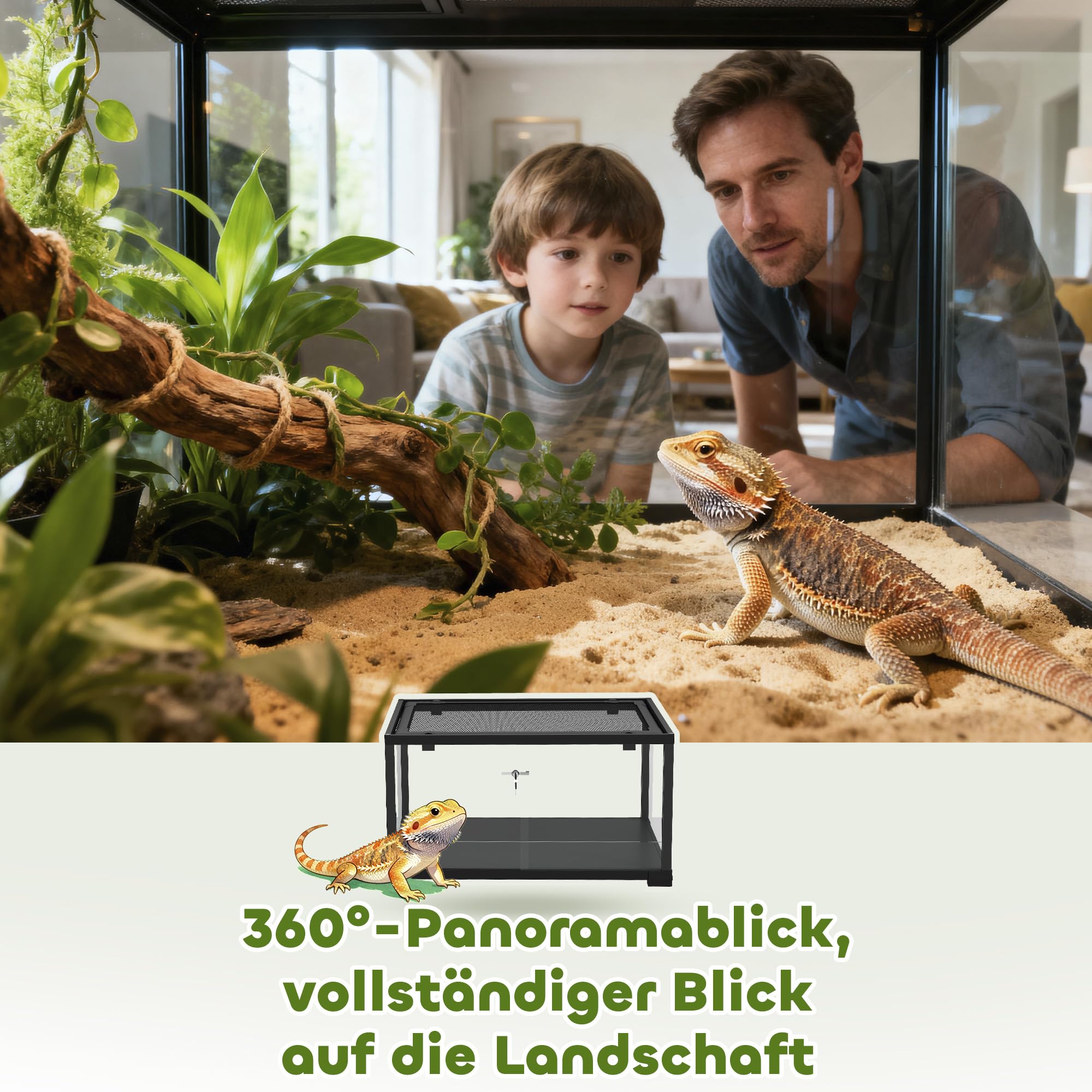 PawHut Terrarium für Reptilien mit Schiebetür Schwarz 60 x 45 x 32 cm | Glasterrarium, Reptil Fütterungsbox, Ausbruchsicherer Verschluss, für Springspinnen, Eidechsen, Schnecken