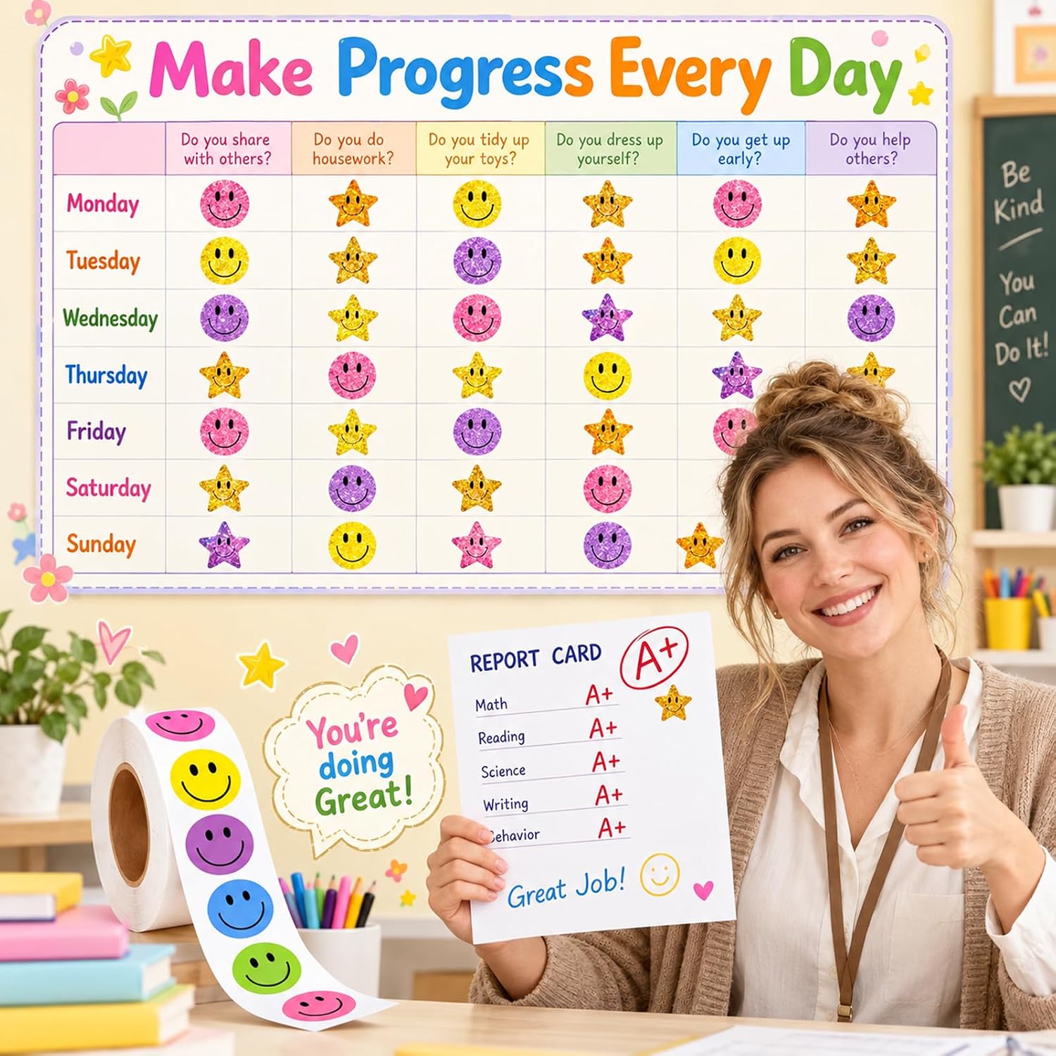 3000 Pcs Smile Face Stickers, 6 Rolls 1 Inch Happy Face Stickers