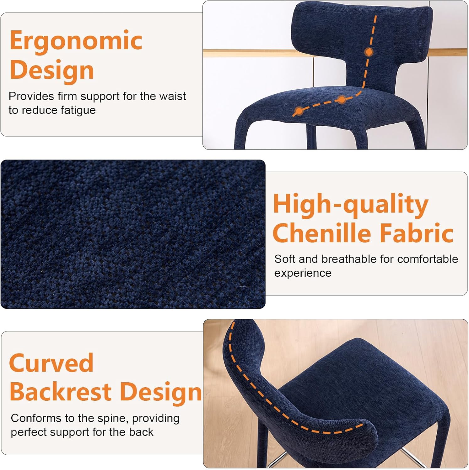 Kidol & Shellder Counter Height Bar Stools of 4,Upholstered Fabric Barstools with Metal Legs and Curved Barrel Back,Counter Stools for Kitchen Island,Blue