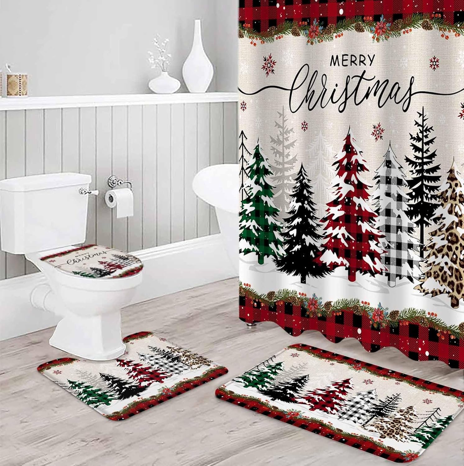 Christmas Tree Bathroom Set with Shower Curtain and Rugs,36x72 Inches Long Vintage White Snowflake Plaid Red Stall Curtain Waterproof with Small Bath Mat, Washable Bathtub Floor Runner Rug Set, Hooks