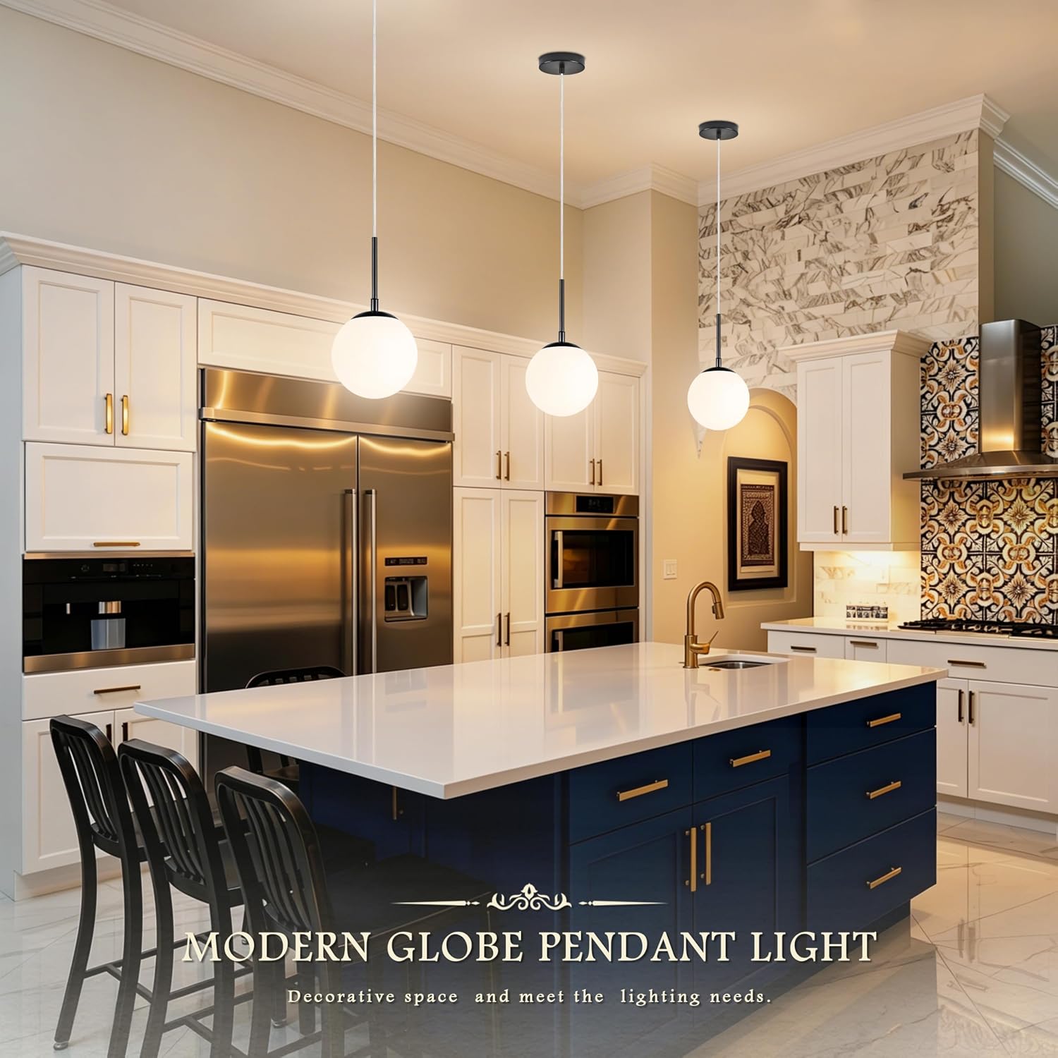 Condition photo showing New/Like New for koko&yukina 6" modern globe pendant light mid-century black pendant lights kitchen island height adjustable milk glass pendant light fixture for dining room bedroom hallway entryway sink bulb incl. black & milky glass 6 inch
