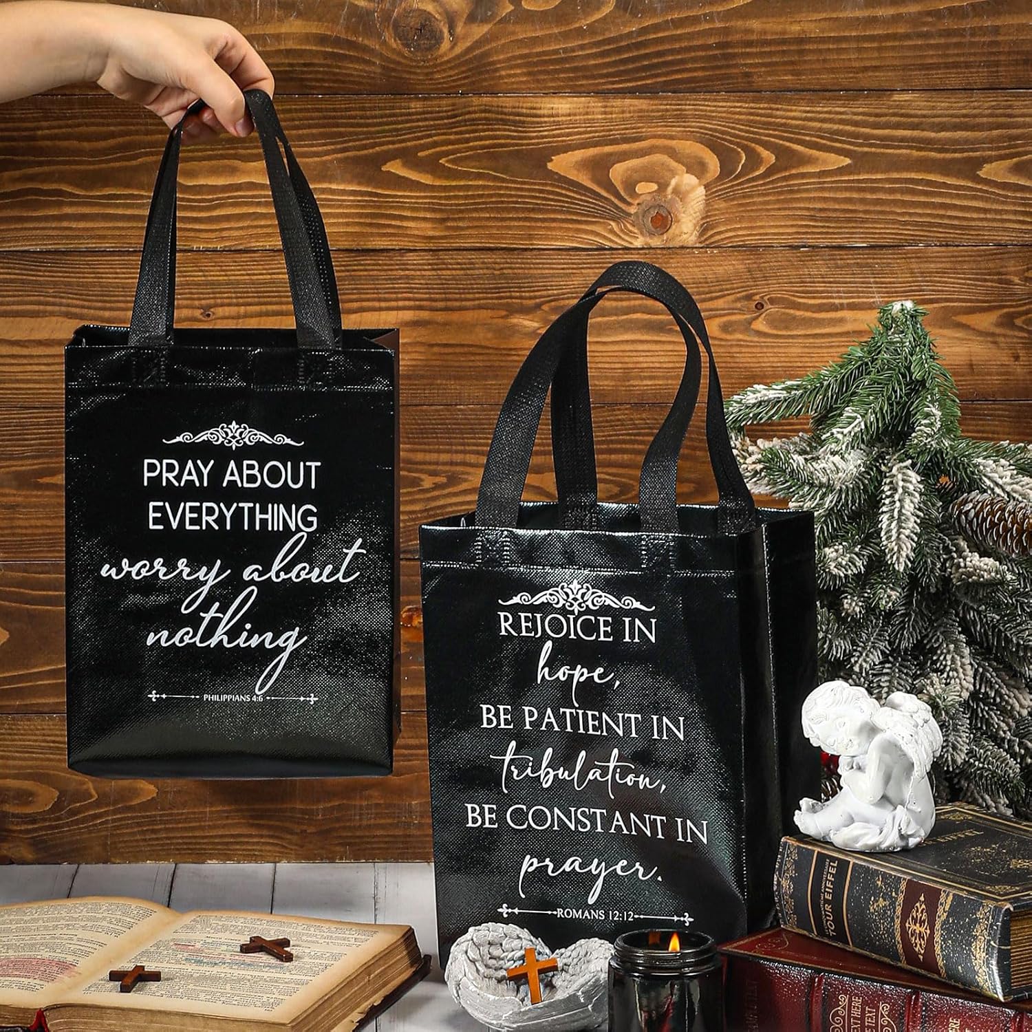 Aliceset 24 Pcs Christian Gift Bags Bulk with Handle Medium Size Bible Verse Religious Gift Bags Reusable Non Woven Church Welcome Totes for Baptism Galentines Birthday Party Favors (Black) - Image 5