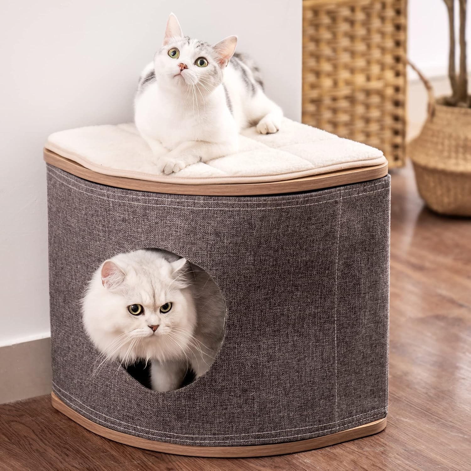 Cat House Cat Bed for Indoor Cats, Wooden Cat House Cave with 2 Removable Washable Cushions, Wooden Cat Condo Sturdy Large Cat Shelter…