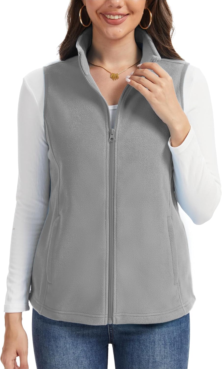 SMENG Women's Fleece Vest Zipper Sleeveless Stand Collar Jacket Soft Warm Outerwear Coat Vest with 4 Pockets