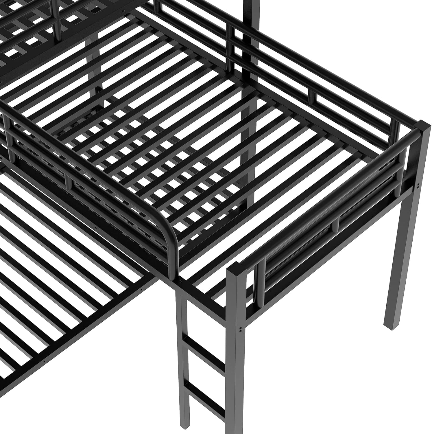 MERITLINE Metal Triple Bunk Bed for Kids, L-Shaped Twin Over Twin & Twin Bunk Bed Frame, 3 in 1 Bed Bunk Beds with Guardrails and Ladders for Teens Adults, Black