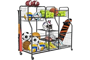 Garage Sports Equipment Organizer with Rolling Cart for Basketballs and Balls Storage