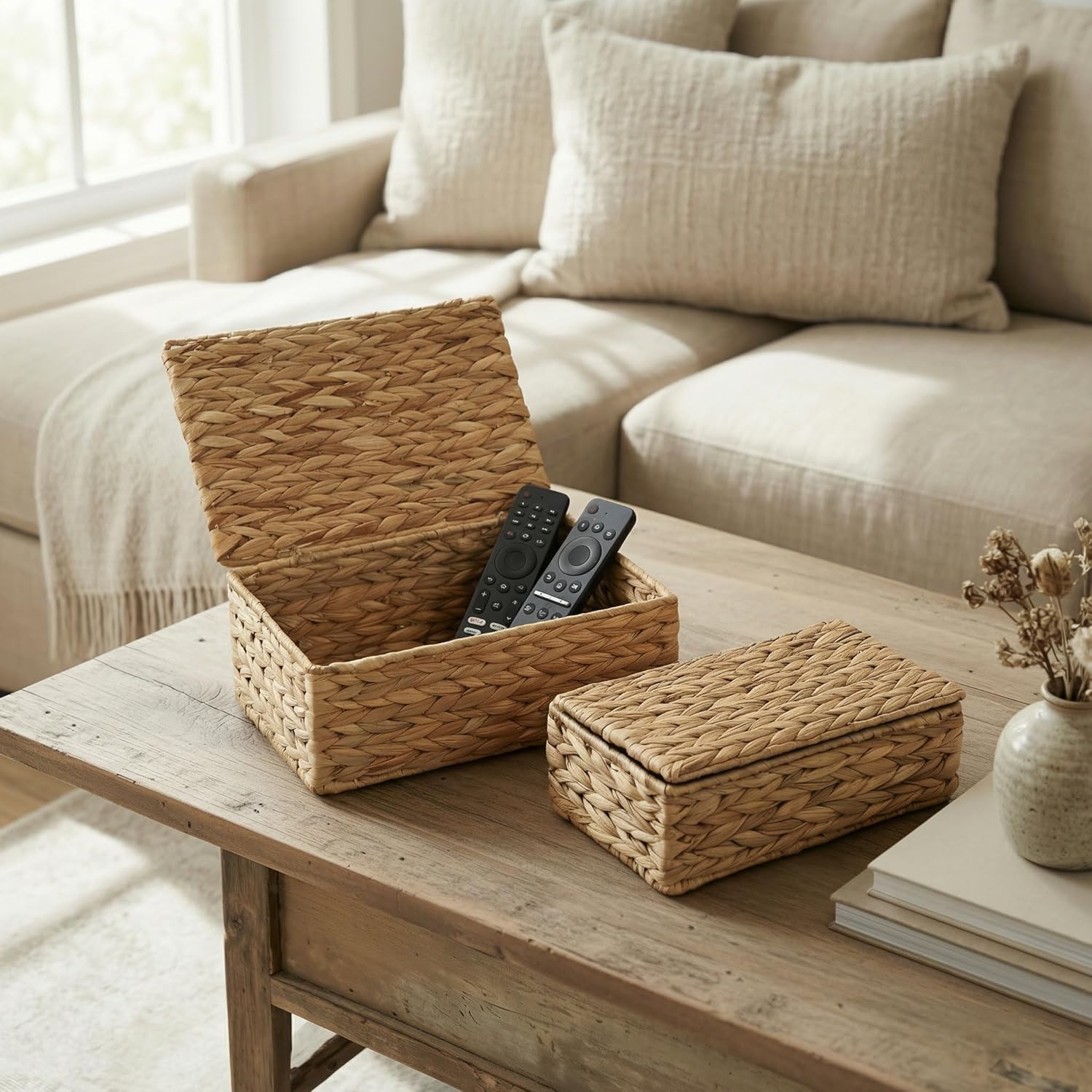 Decorative Storage Boxes with Lids - Set of 2 Beautiful Wicker Organizer Bins for Your Shelves & Home Decor - Safely Store Your Photos, Documents, and Memory Box Keepsakes in a Stylish Rattan Design