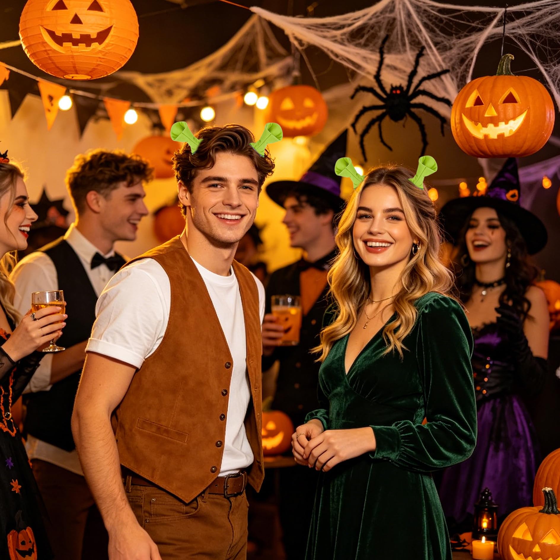 Hifot 3 szt. opaska na włosy na Halloween, dla kobiet i dziewcząt, pluszowe uszy potworami, opaska na włosy, zielony ogr, akcesoria do kostiumu, kryształowy naszyjnik, tiara, korona, ozdoba do włosów