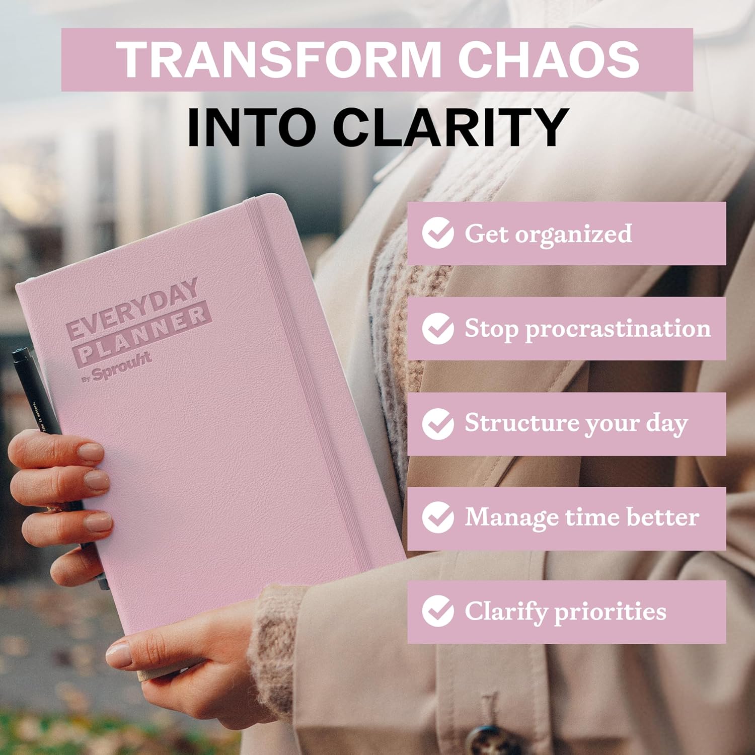 Undated Daily Planner | 90 Day Daily & Weekly Productivity Journal with Hourly Schedule, To Do List, Goal Tracker & Habit Tracker | ADHD Planner for Men & Women | Hardcover Agenda (Pink)