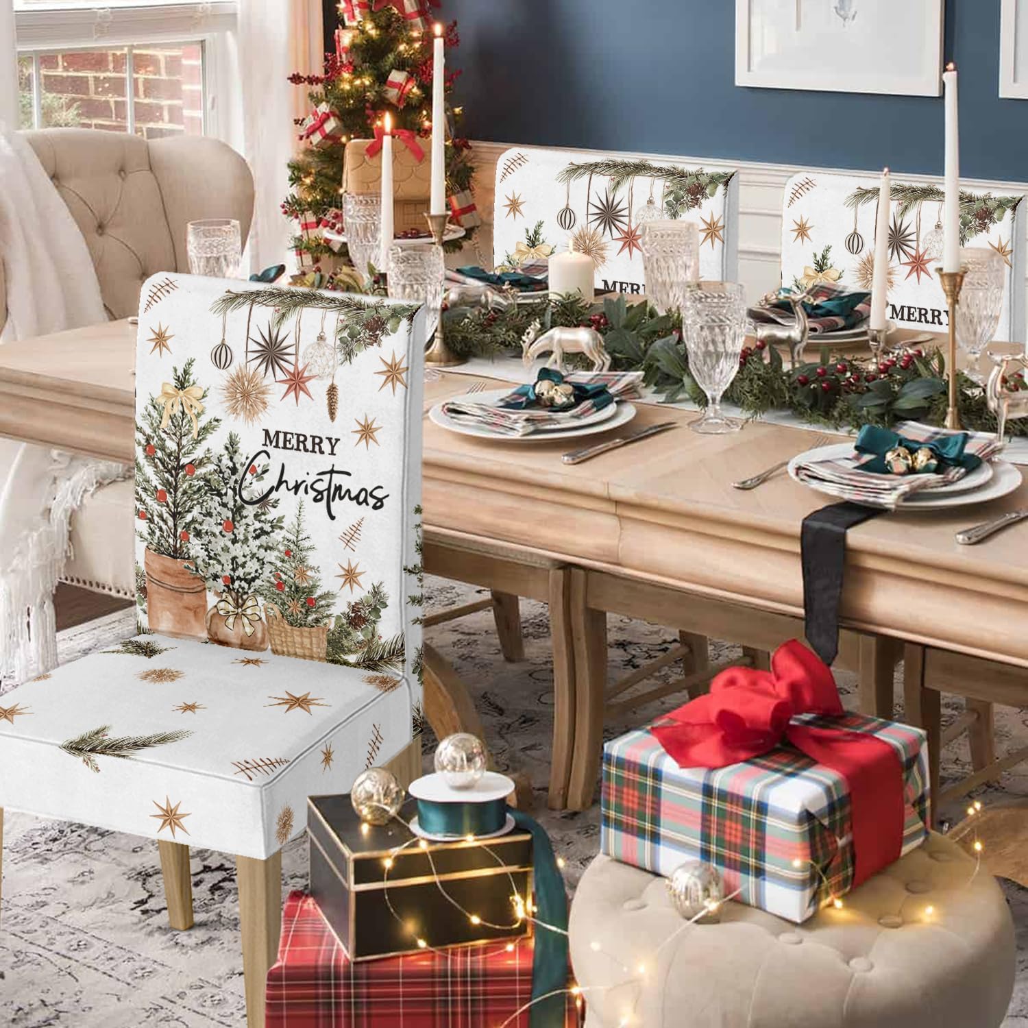 Horaldaily 6PCS Christmas Dining Chair Covers, Christmas Trees Ball Ornaments Stretch Removable Washable Slipcover Chair Protector for Dining Room Home Decor