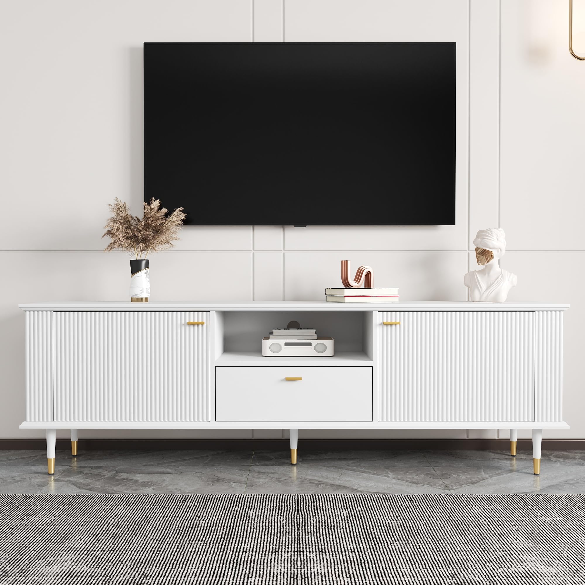 TV-Lowboard mit Soft-Close & Golddetails, 2 Türen, Schublade, Weiß
