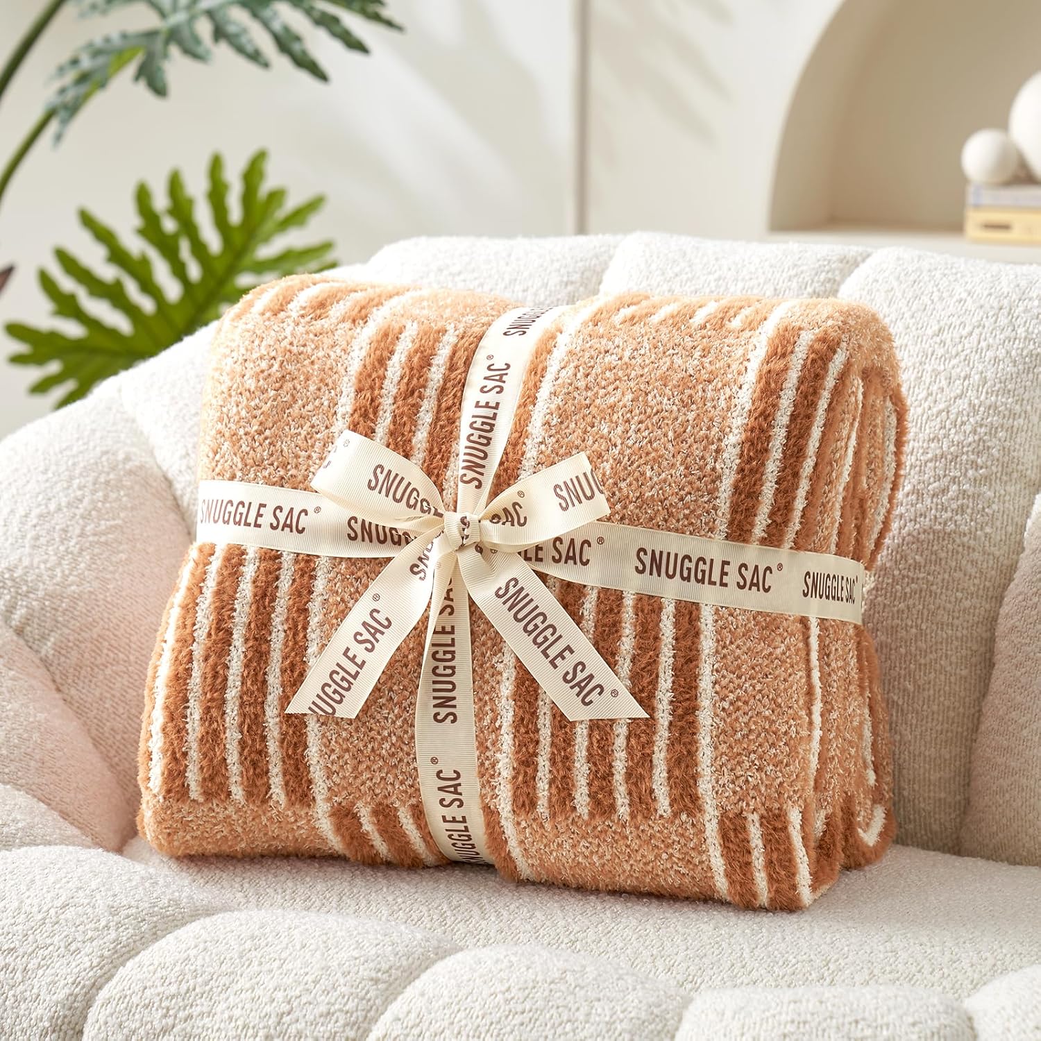 Snuggle Sac Checkered Orange Throw Blanket for Fall,Super Soft Reversible Cozy Warm Blanket for Couch Sofa Bedroom,Cute Lightweight Striped Throws for Women,Heather Orange,60x80 inches - Image 2