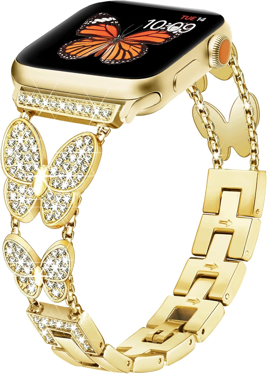 Butterfly Band Compatible with Apple Watch Bands 46mm 45mm 44mm 49 42mm(S3) iWatch SE Series 10 9 8 7 6 5 4 3 Ultra, Slim Cute Metal Bands for Women, Fancy Bling Dressy Diamond Strap-Gold