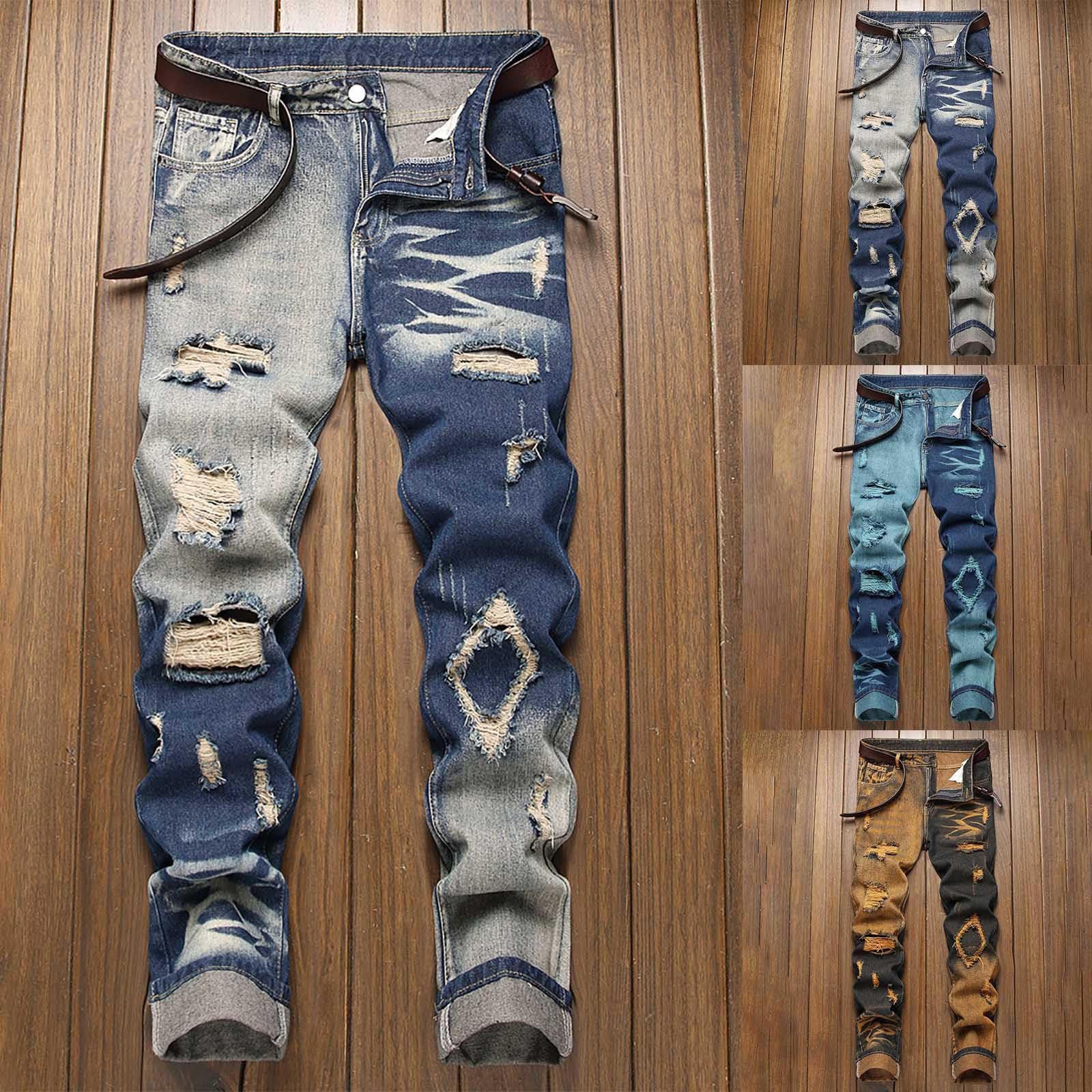 Jeans da uomo, lunghi, lavati, strappati, con tasche, per uomo, slim fit, larghi, per attività all'aria aperta, Hip Hop, leggings, morbidi, streetwear, abbigliamento da festa