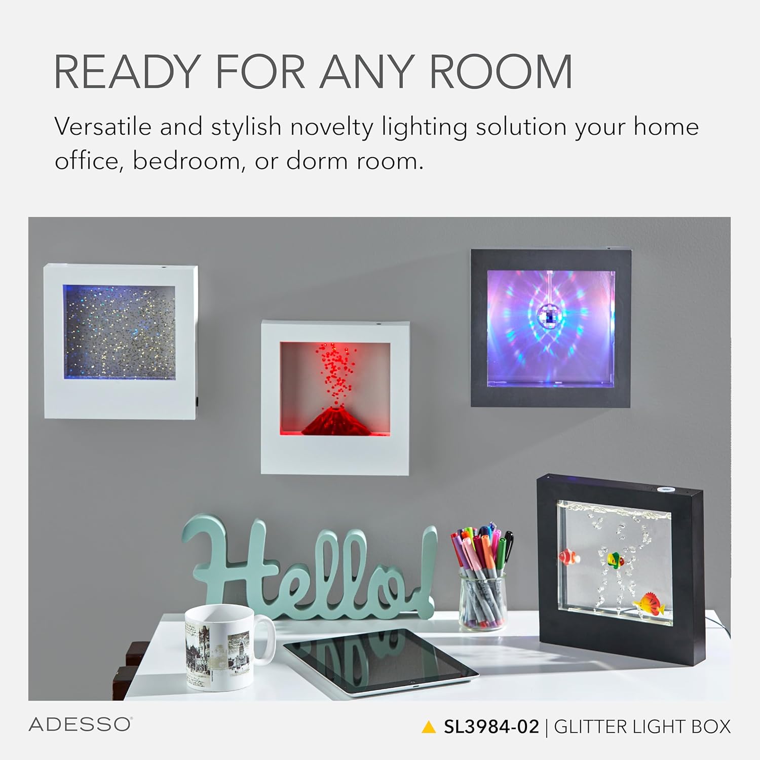 Adesso SL3984-02 Simplee Novelty RGB LED Mood Box for Table or Hanging Mount, Gallery Wall Lighting, Swirling Color Changing Glitter, 8 Feet, White Frame