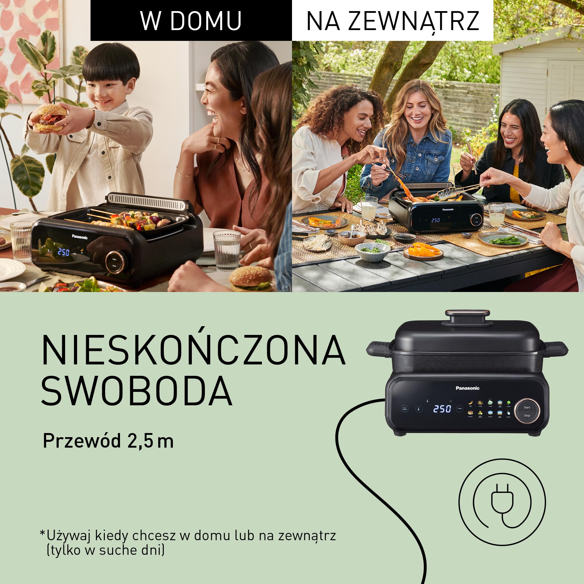 Panasonic NF-GM400KXE Garnek Elektryczny Multicooker 4 w 1, 1400 W, 40-250°C, 9 trybów automatycznych, 4 płyt,system odprowadzania dymu,tace nadające się do mycia w zmywarce, przewód 2.5 m, czarny