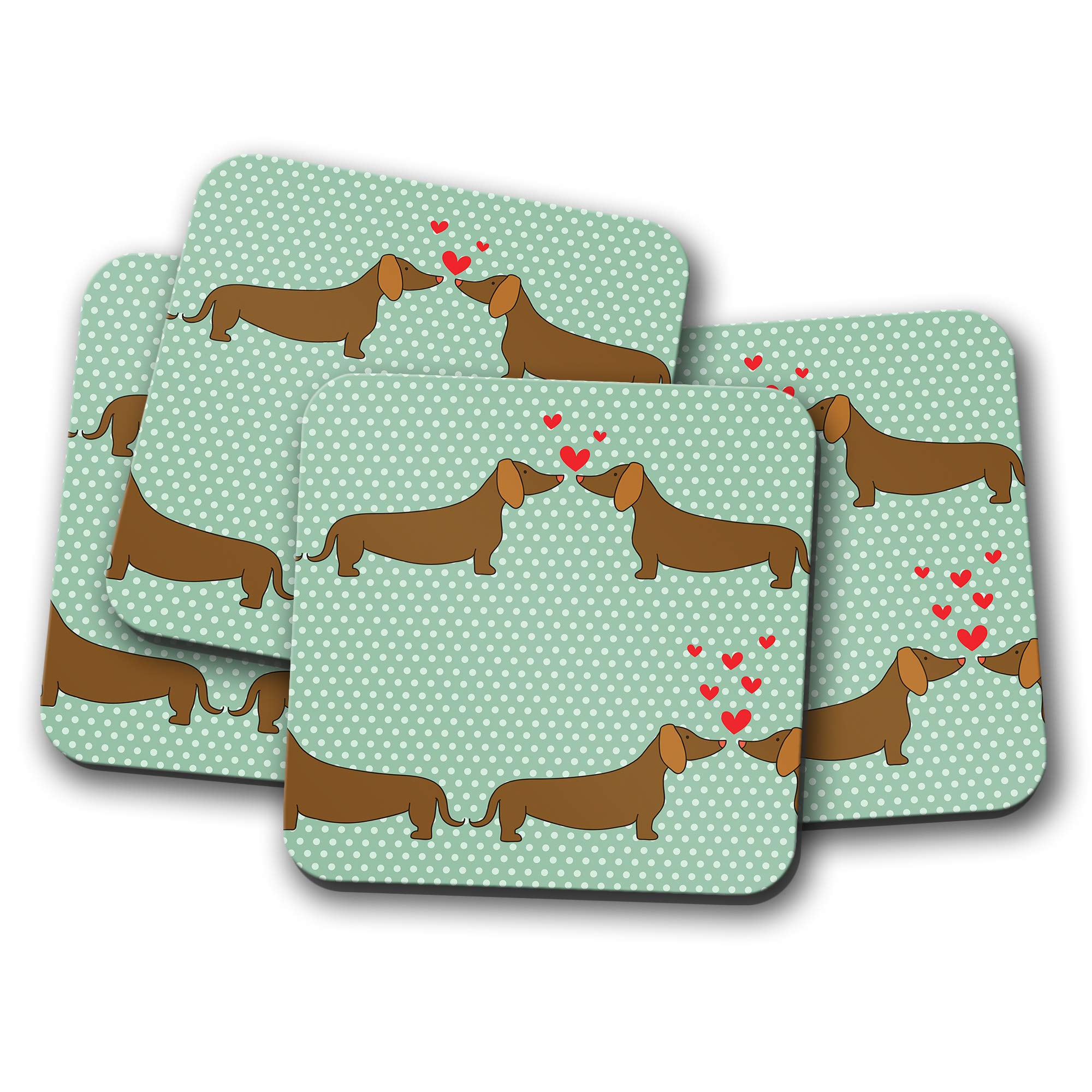 4 Set - Cute Dachshund Dogs Coaster - Sausage Dog Love Heart Puppy #13131