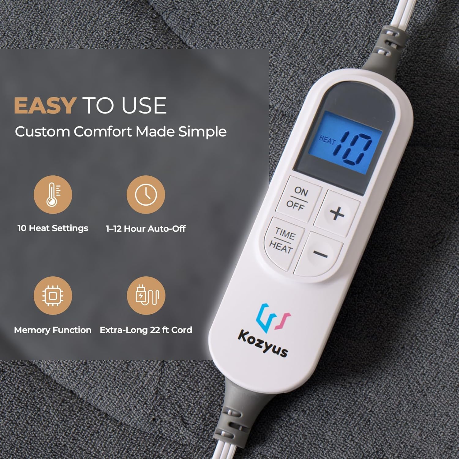 Kozyus Heated Mattress Pad controller with heat and timer settings