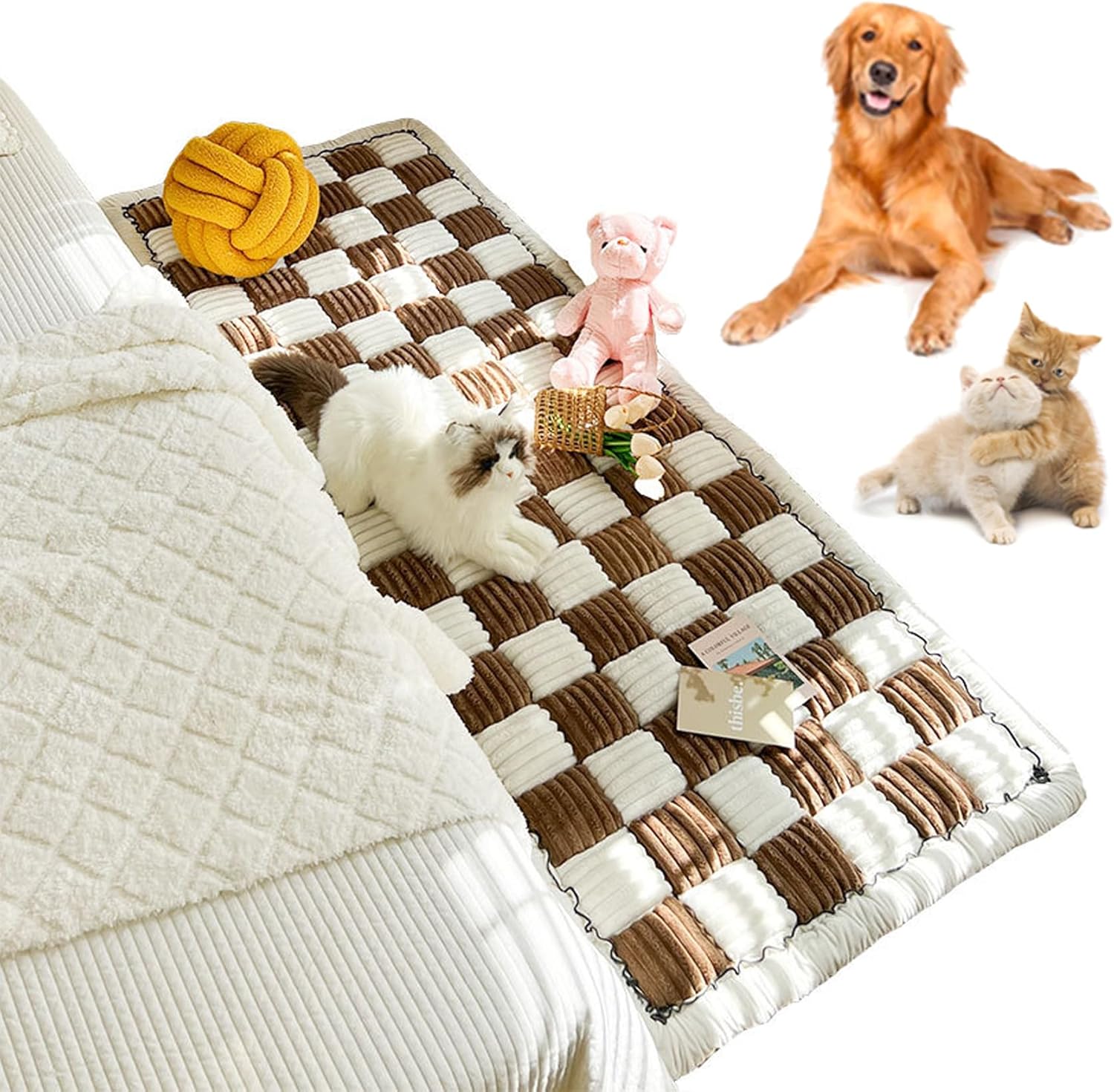 Funnyfuzzy CreamColoured Large Plaid Square Pet Mat Bed