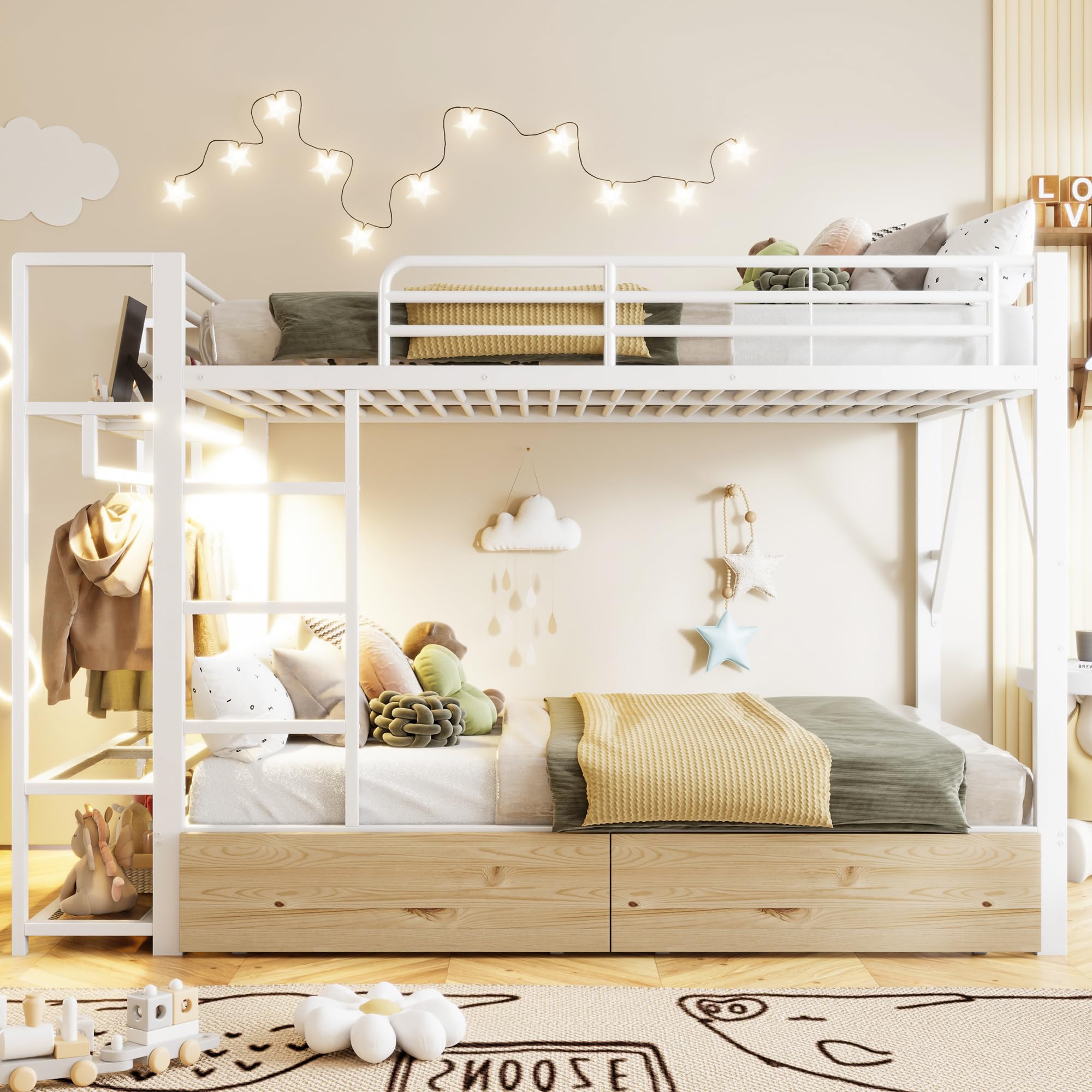 Letto a soppalco 140x200cm con striscia luminosa a LED e appendiabiti,metallo letto a castello con 2 cassetti e ripiani multipli,ferro letto matrimoniale,letti per ado,senza materasso,Bianco