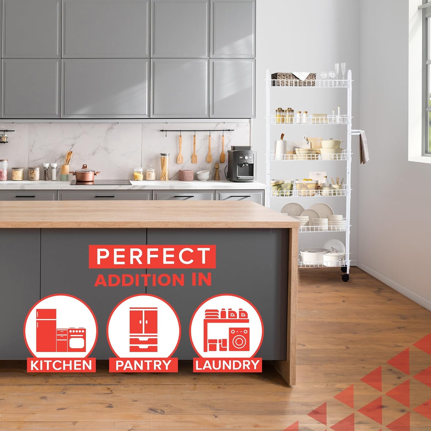 Slim Rolling Pantry Cart 6-Tier Shelf - Space-Saving Kitchen & Spice Rack on Wheels, 6" Deep, White Metal