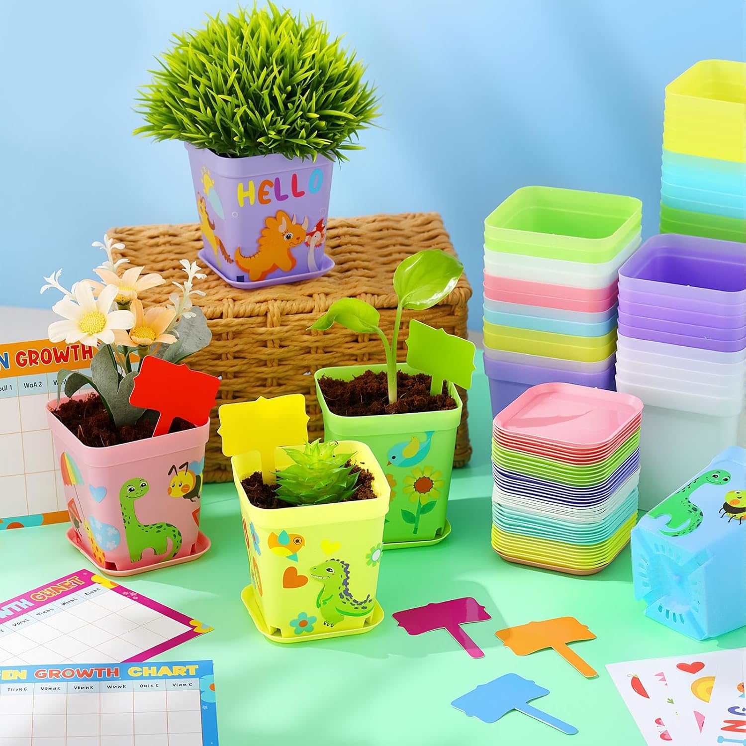 Capoda 48 Sets Garden Flower Pots Crafts Kit DIY Spring Plastic Seedling Nursery Pots with Stickers Plant Labels Growth Charts Planting Growing Tools Classroom Activities Project Gifts (Square)