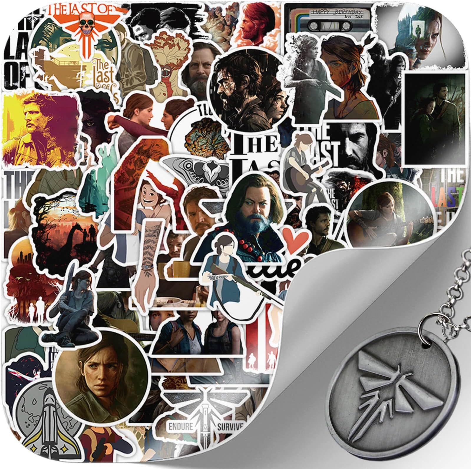 The Last of Stickers Us Merchandise with Firefly Charm Pendant Keychain, 104PCS Part 2 Waterproof Sticker Gift for Decoration Water Bottle Decal Laptop Guitar Skateboard Kid Teens Adult Game Fan