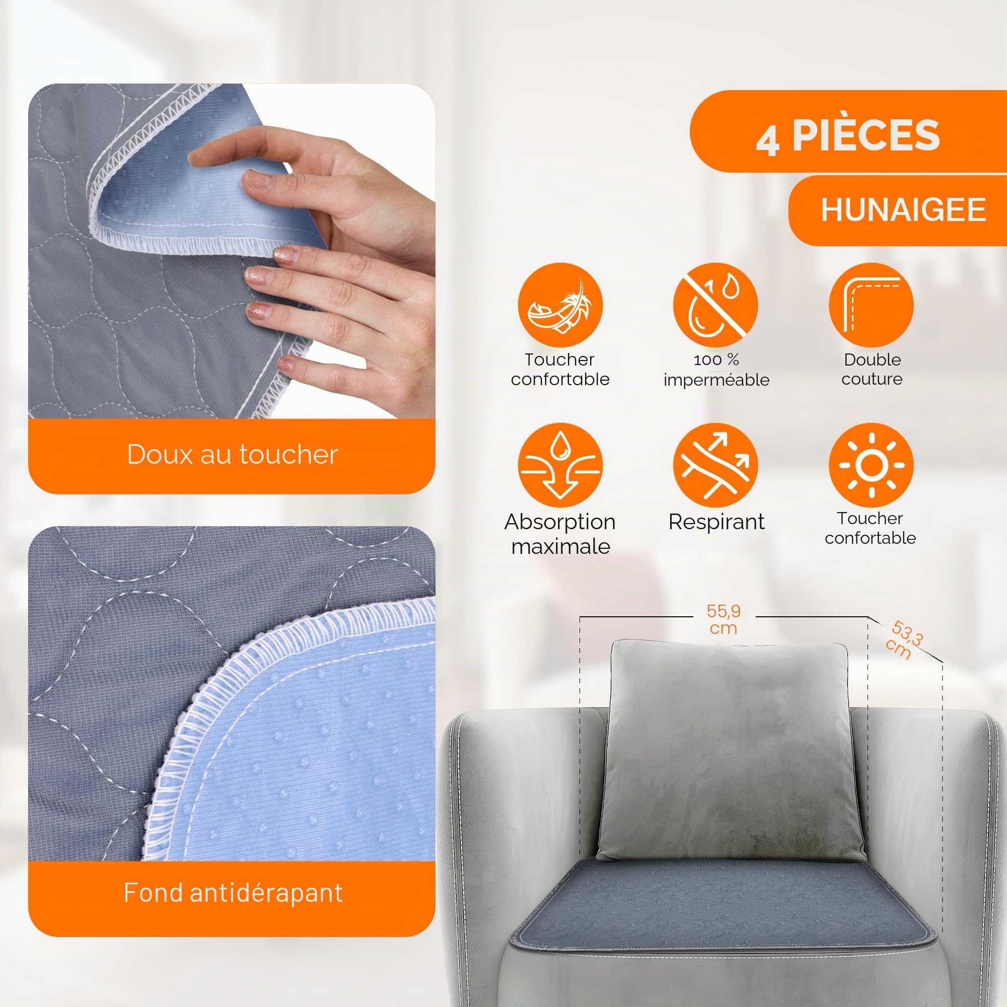 Coussinets Incontinence Coussin d'Incontinence Absorbant Lavable Alèse de Lit Imperméable Matelas à Langer Adulte Coussin de Siège Réutilisable Tapis de Canapé 54 x 56 cm Lot de 4