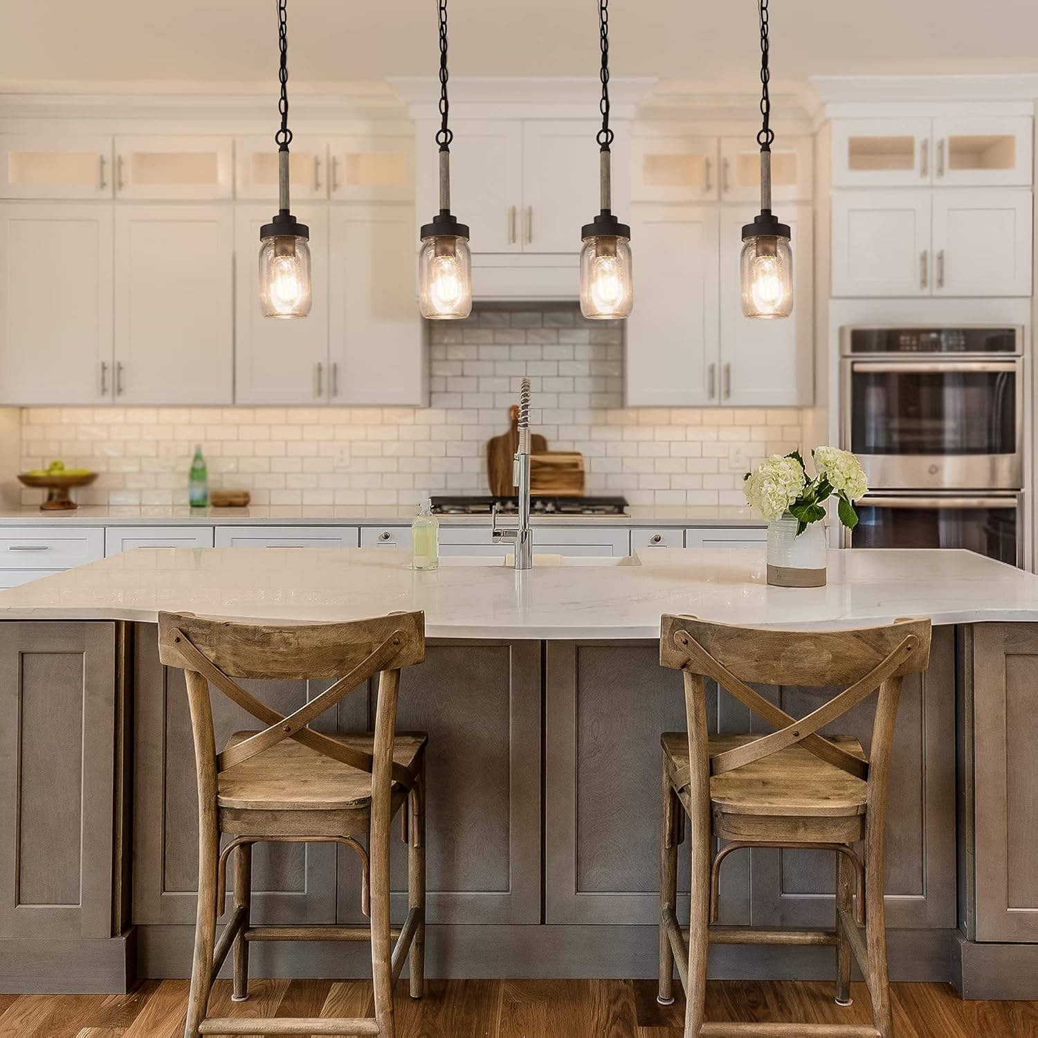 LNC Mini Pendant Lights for Kitchen Island, Mason Jar Lights in Faux Wood Metal Finish, 4'' Farmhouse Small Chandelier with Clear Glass Shade