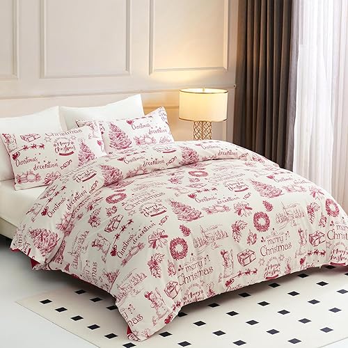 Miniatura 2 de Yiran Juego de funda de edredón de Navidad tamaño King, árbol de Navidad, muñeco de nieve, aldea, funda de edredón de microfibra suave, 2 fundas de