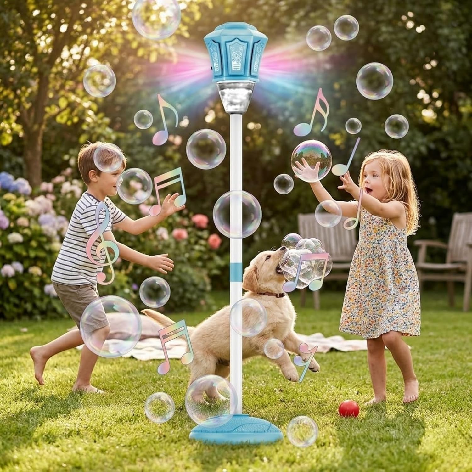 Standing Bubble Machine, Street Lamp Bubble Blower with Lights & Music, Adjustable Height 47"-20", Remote Control Bubble Maker for Parties, Weddings, Garden & Outdoor Decor (Blue + Remote Control)